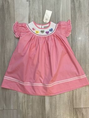 NWT Lil Cactus Pink Cotton Candy Hearts Embroidered Smocked Bishop Dress girl 3T